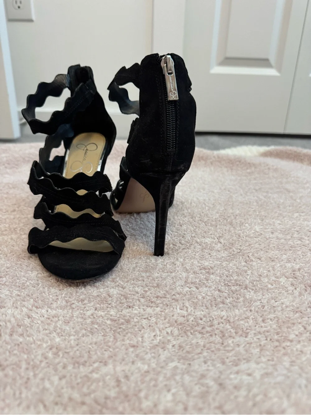 Jessica Simpson Black Wavy Strap Suede Heels